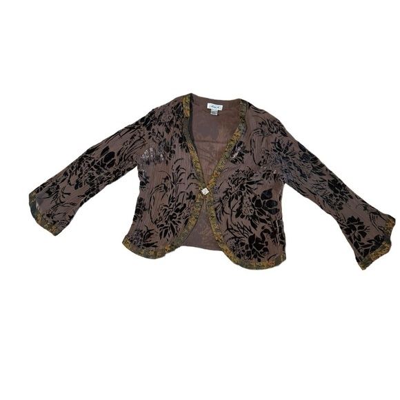 Vintage Anis A. Women's Large Brown 100% Silk Beaded Floral Velvet Cardigan - Picture 3 of 12